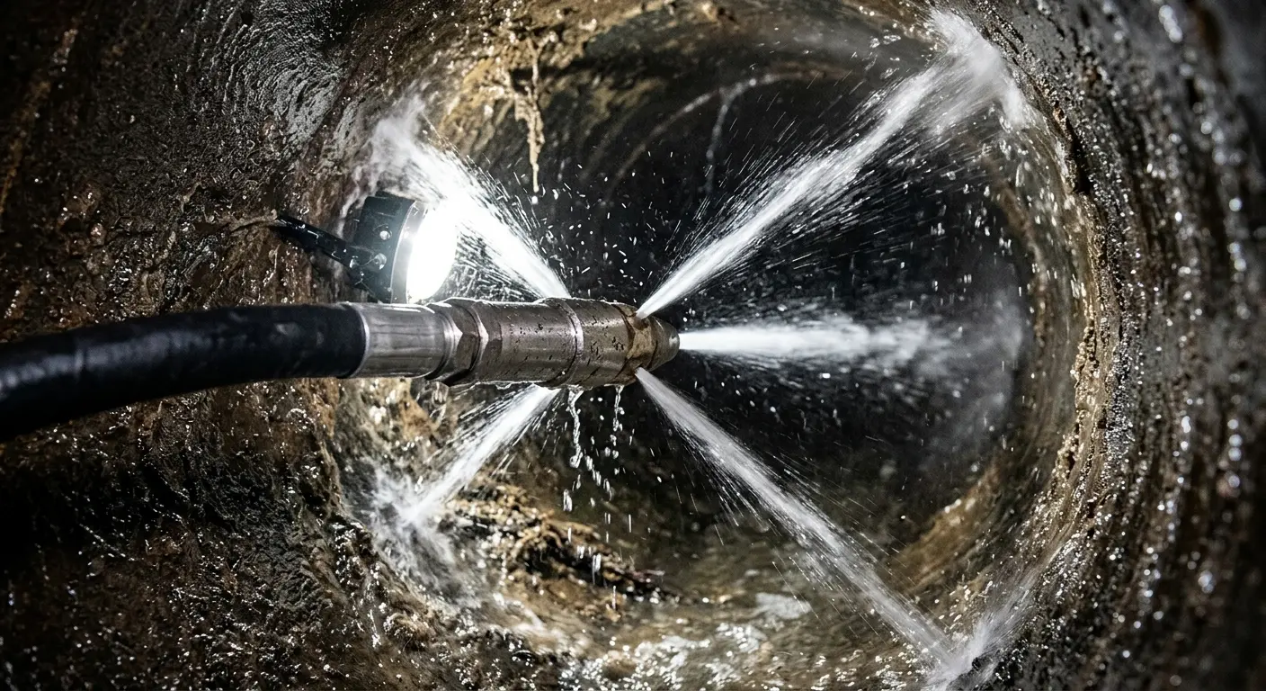 High-pressure hydro jetting nozzle cleaning sewer pipe for Trenchless Sewer Repair in Manalapan