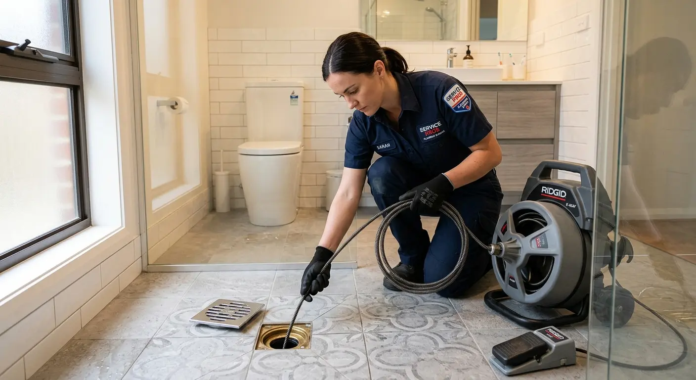 Technician clearing a bathroom floor drain for Clogged Drain Repair in Manalapan